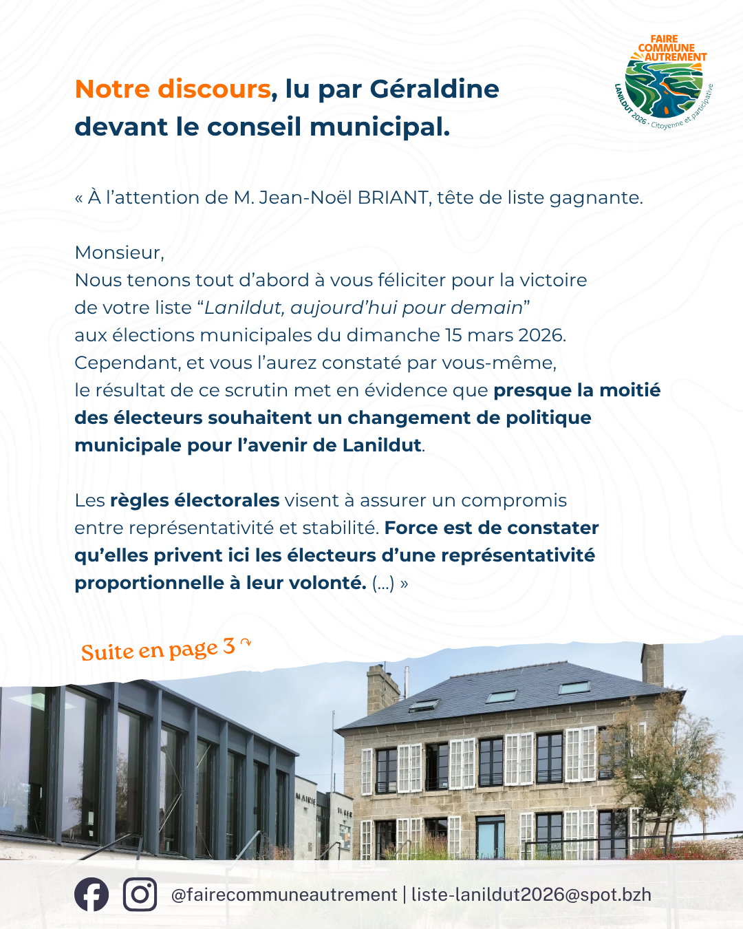 Discours de Faire commune autrement au premier conseil municipal de Lanildut du mandat 2026-2032