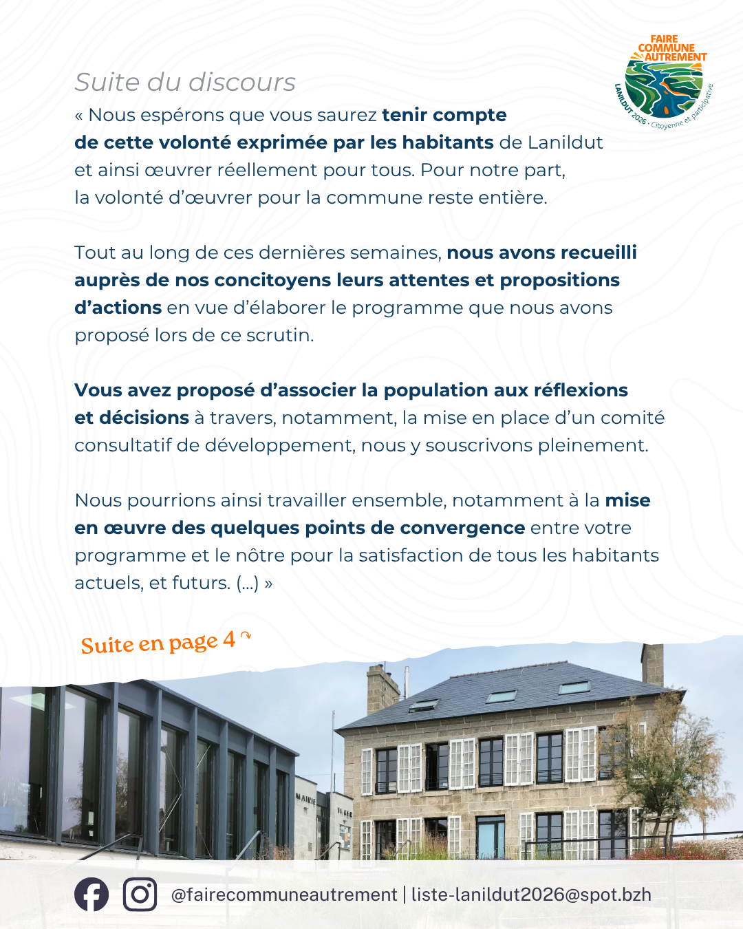 Discours de Faire commune autrement au premier conseil municipal de Lanildut du mandat 2026-2032