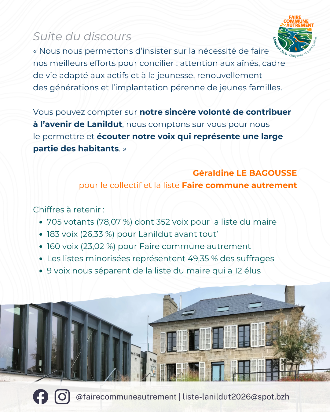 Discours de Faire commune autrement au premier conseil municipal de Lanildut du mandat 2026-2032